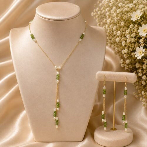 Peridot & Pearl Gold-Plated 92.5 Silver Necklace with Long Earrings