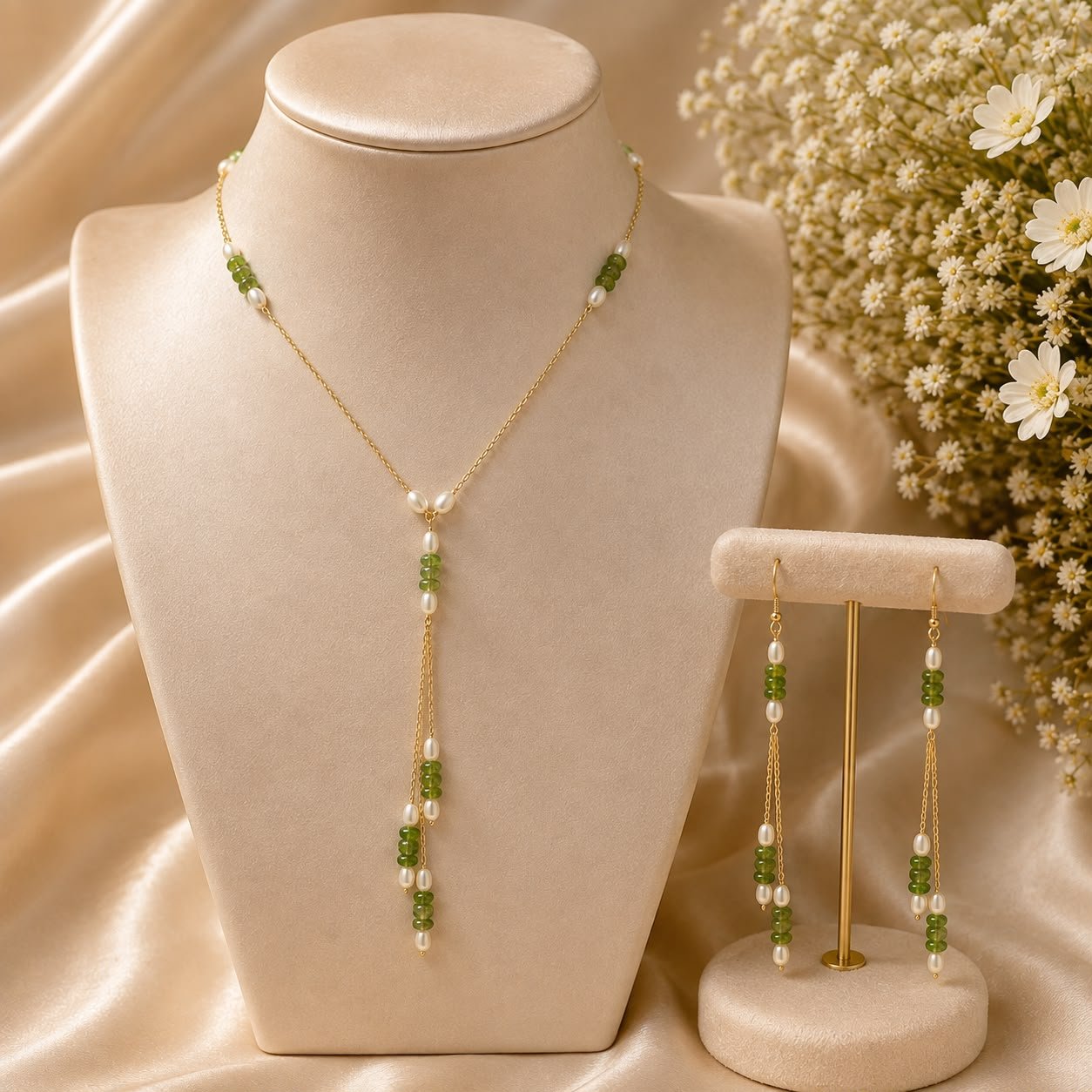 Peridot & Pearl Gold-Plated 92.5 Silver Necklace with Long Earrings