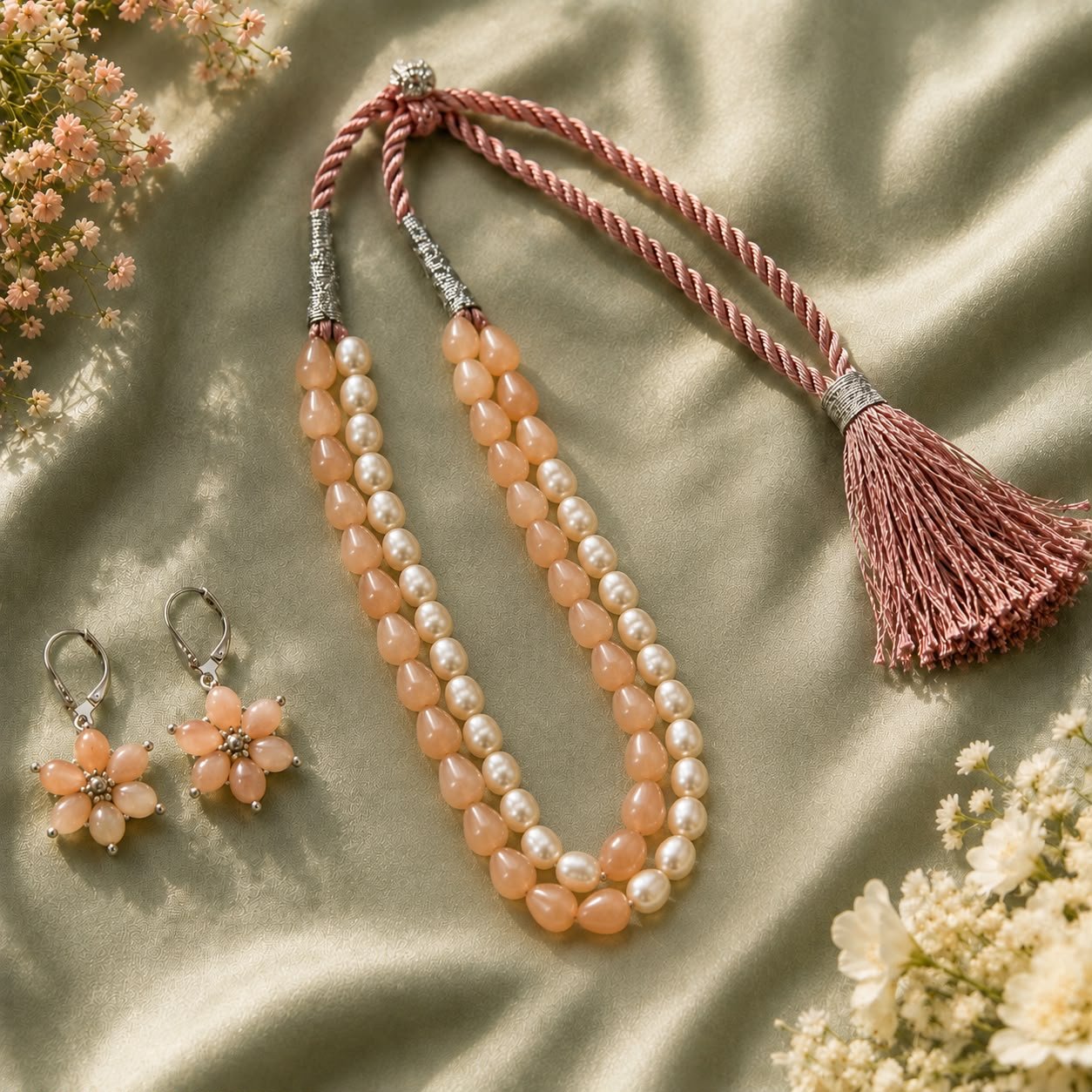 Moonstone Drop & Freshwater Pearl Two-Line Necklace Set
