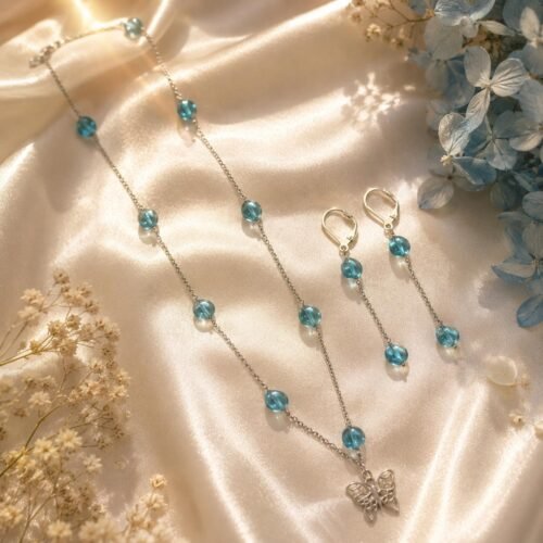 Apatite Butterfly 925 Silver Necklace & Long Earrings Set