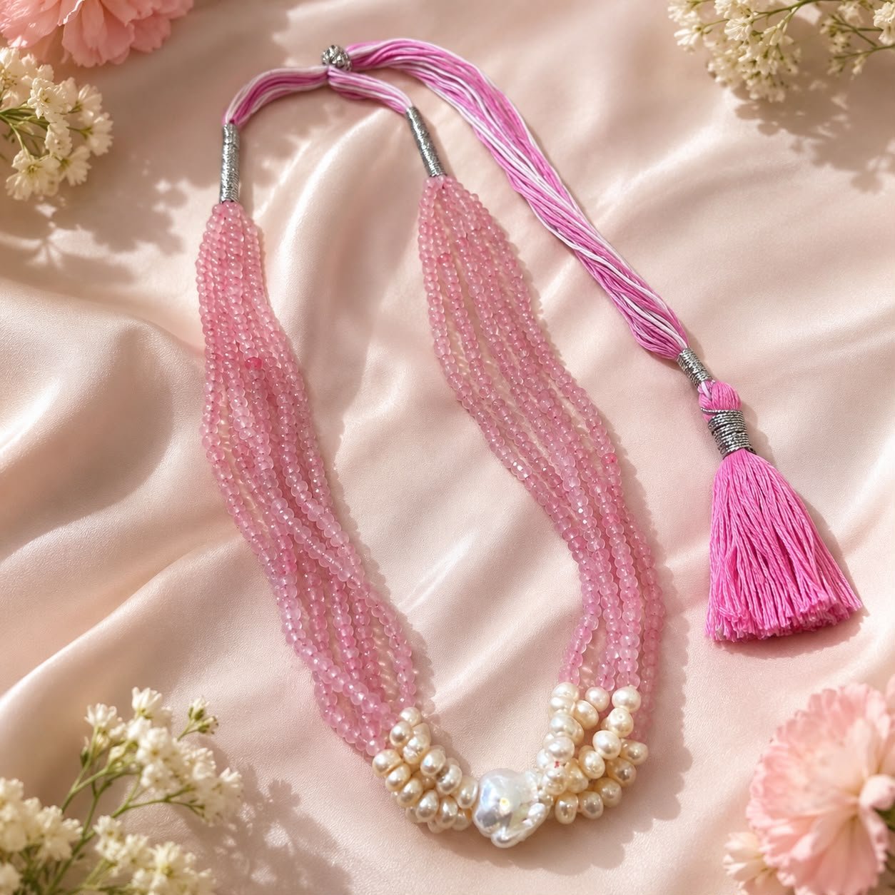 Pink Quartz Multi-Layer Necklace with Baroque & Freshwater Pearls
