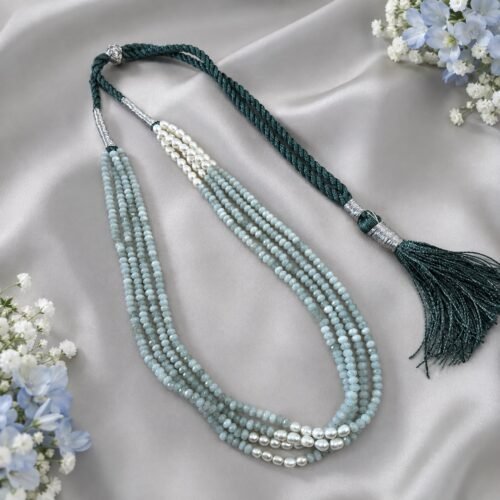 Aqua Blue Quartz & Pearl Multi-Layer Necklace