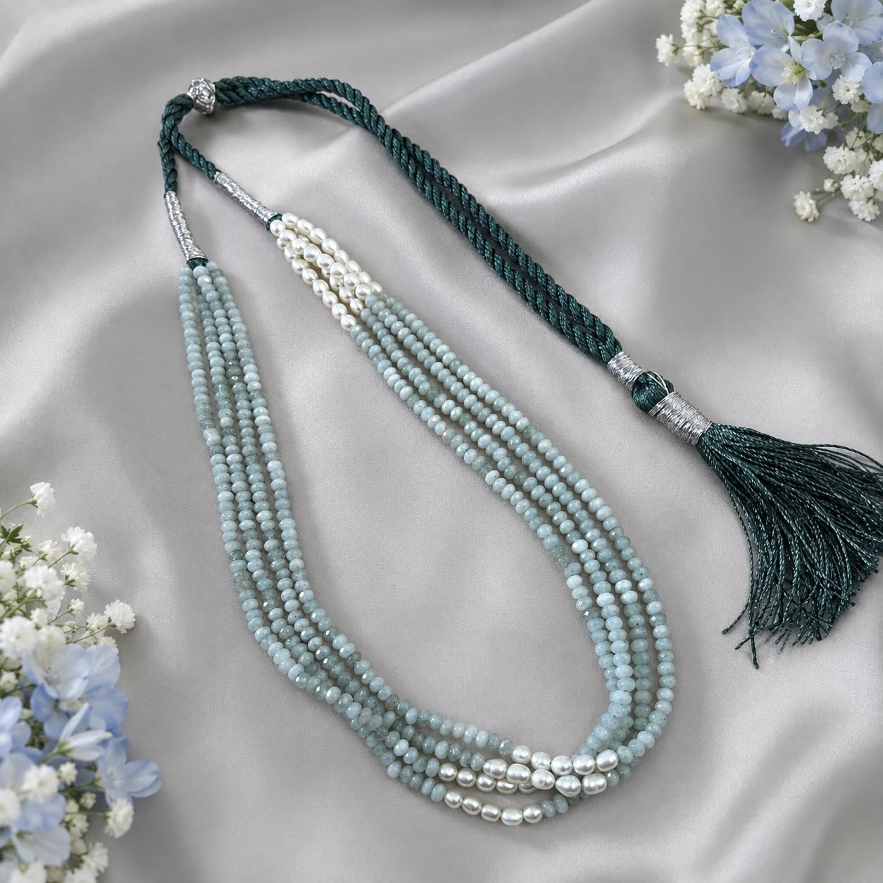 Aqua Blue Quartz & Pearl Multi-Layer Necklace