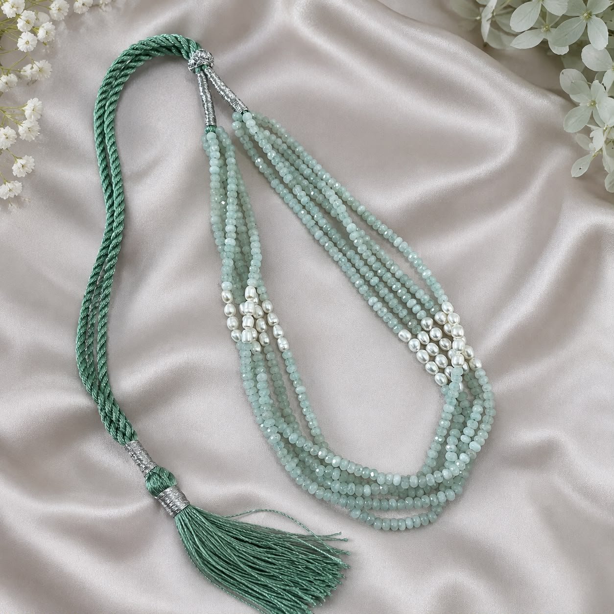 Green Aqua Quartz & Freshwater Pearl Multi-Layer Necklace