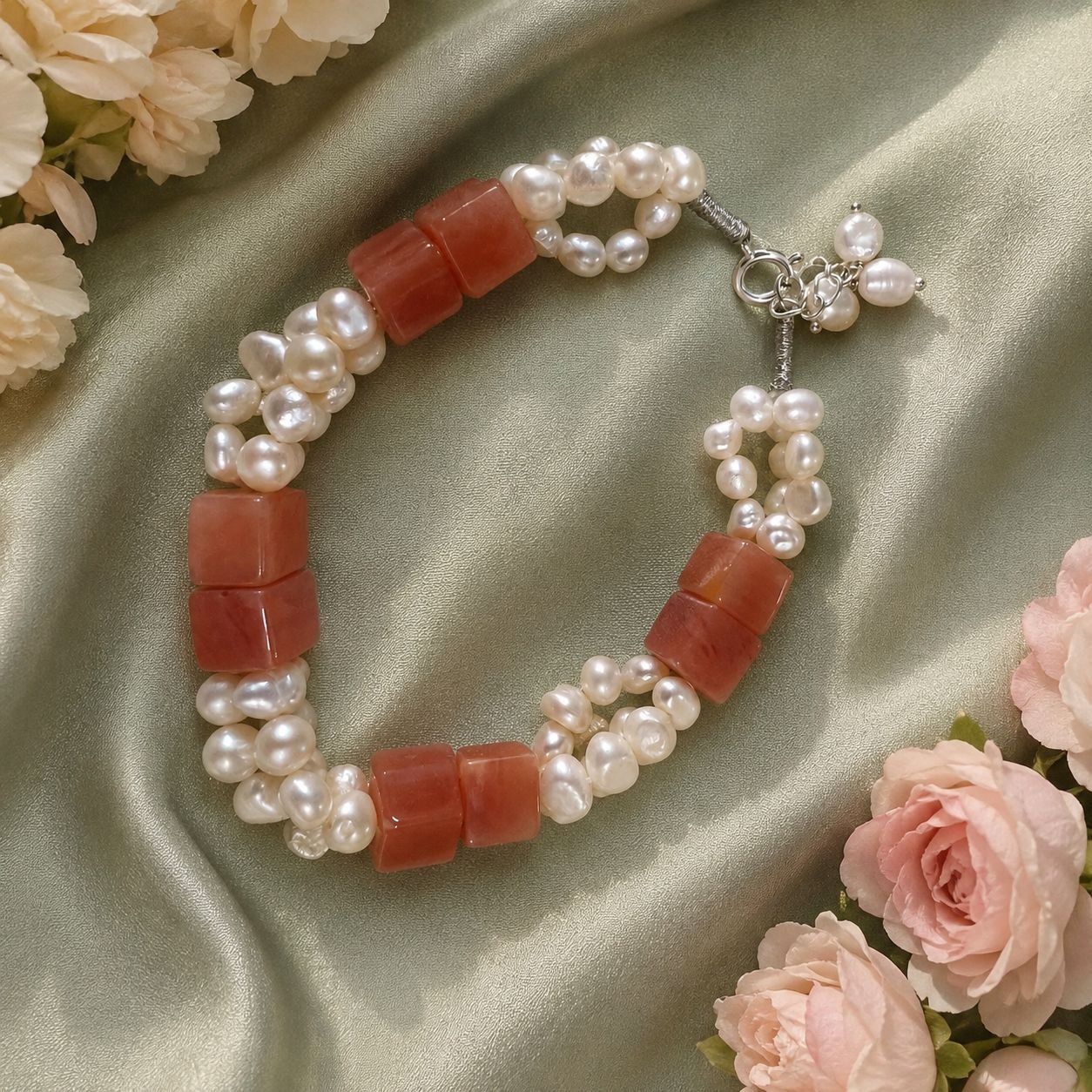 Calcite Cube & Freshwater Pearl Bracelet