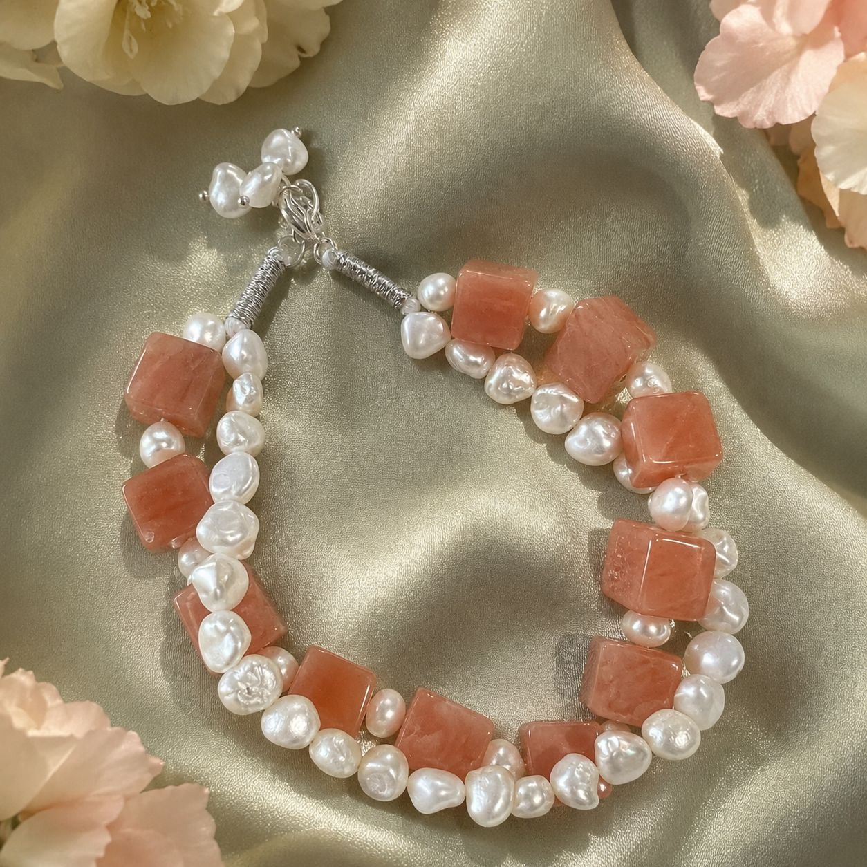 Calcite Cube & Freshwater Pearl Two-Line Bracelet