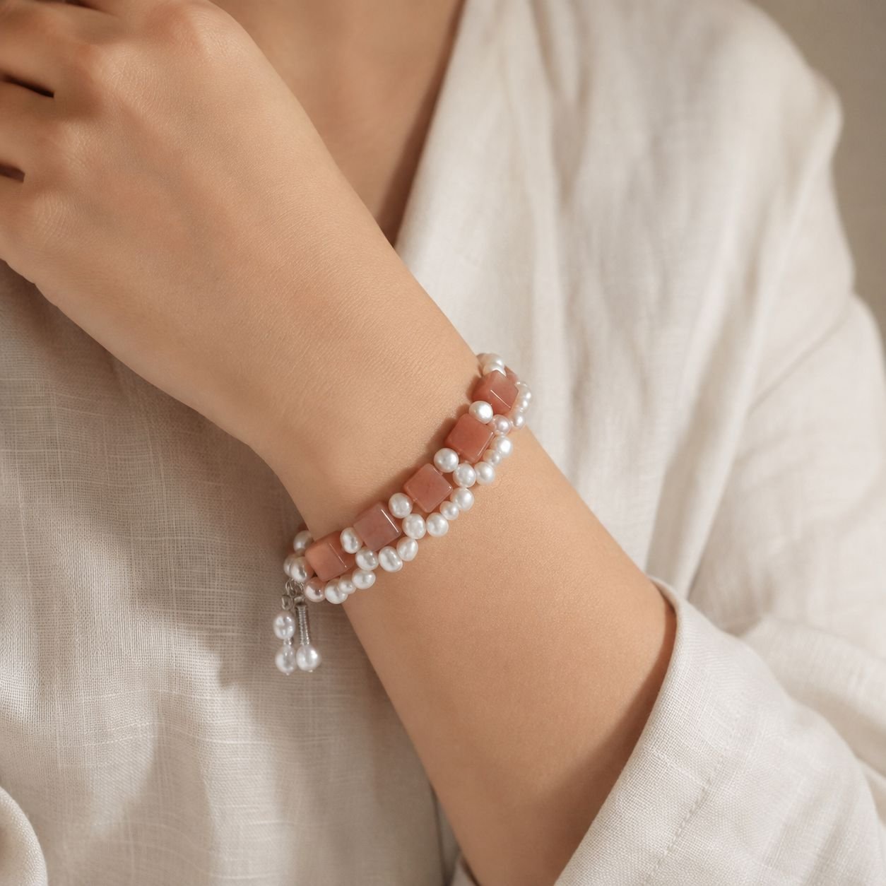 Calcite Cube & Freshwater Pearl Two-Line Bracelet - Image 2