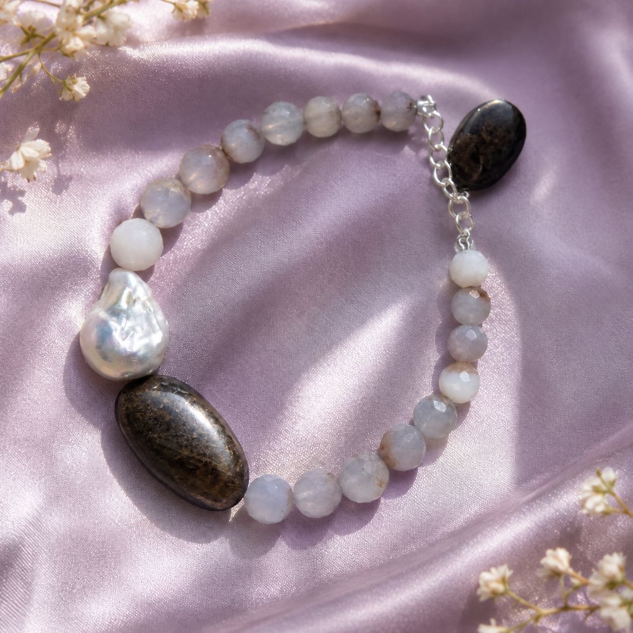 Sunrise Agate, Bronzite & Baroque Pearl Bracelet