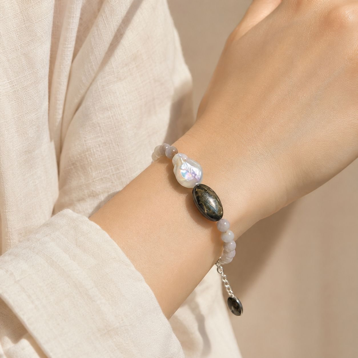 Sunrise Agate, Bronzite & Baroque Pearl Bracelet - Image 2