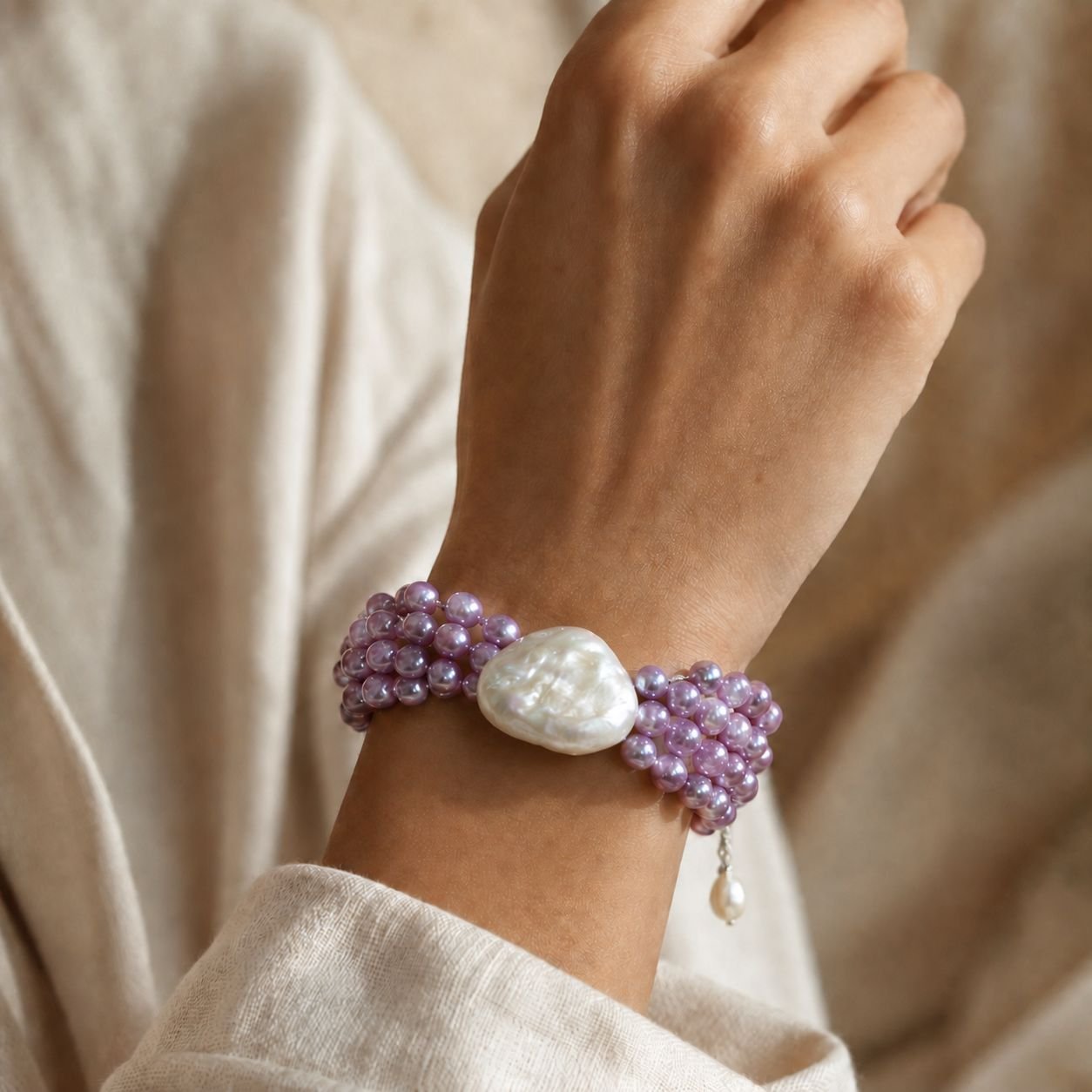 Purple Freshwater Pearl & Baroque Pearl Statement Bracelet - Image 2