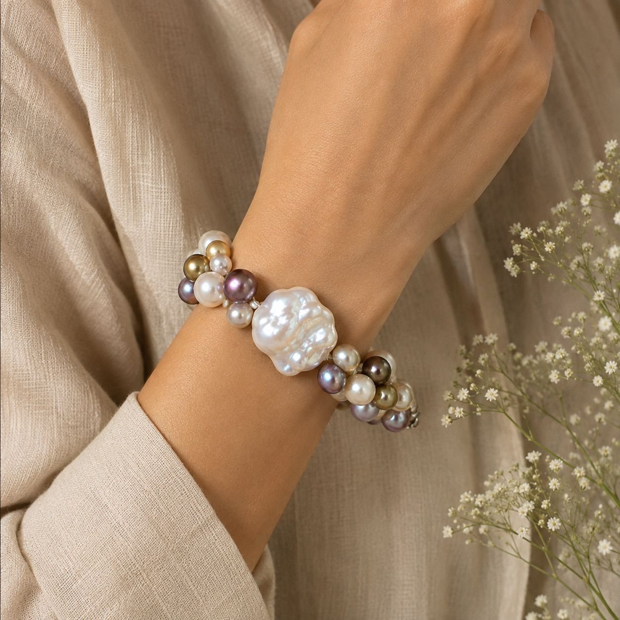 Multicolor Freshwater Pearl & Baroque Pearl Statement Bracelet - Image 2