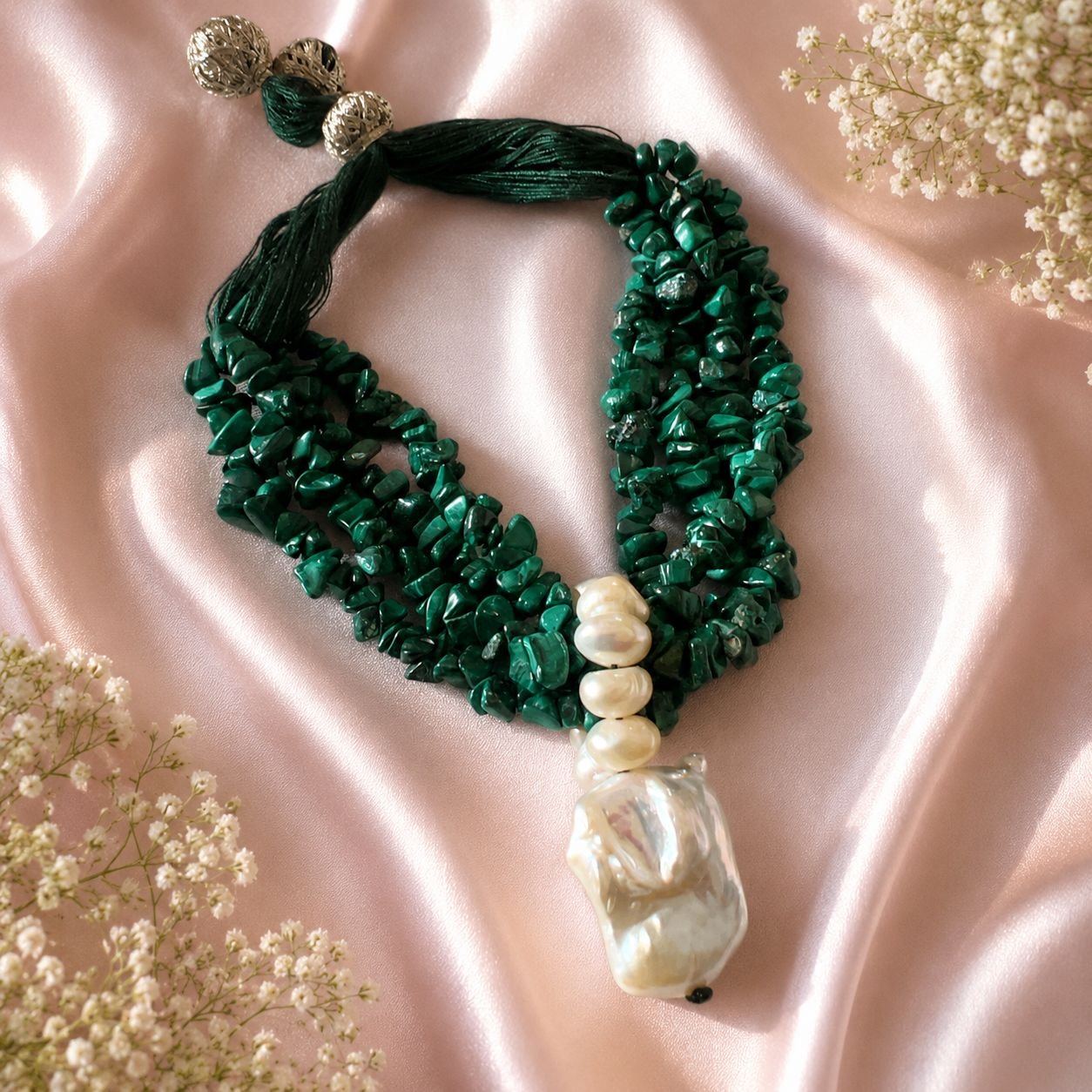 Malachite Chip & Freshwater Baroque Pearl Stretchable Bracelet
