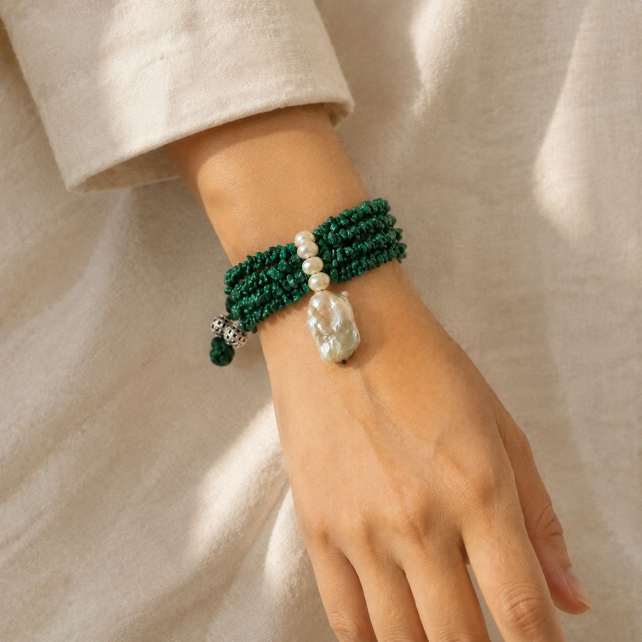 Malachite Chip & Freshwater Baroque Pearl Stretchable Bracelet - Image 2