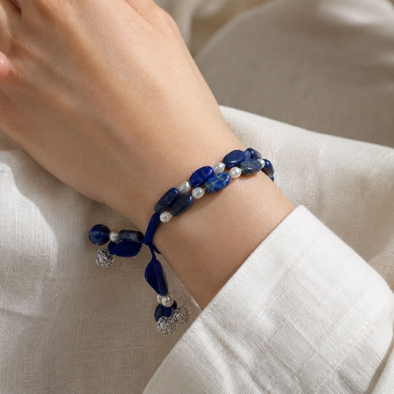 Lapis Lazuli & Freshwater Pearl Stretchable Bracelet - Image 2