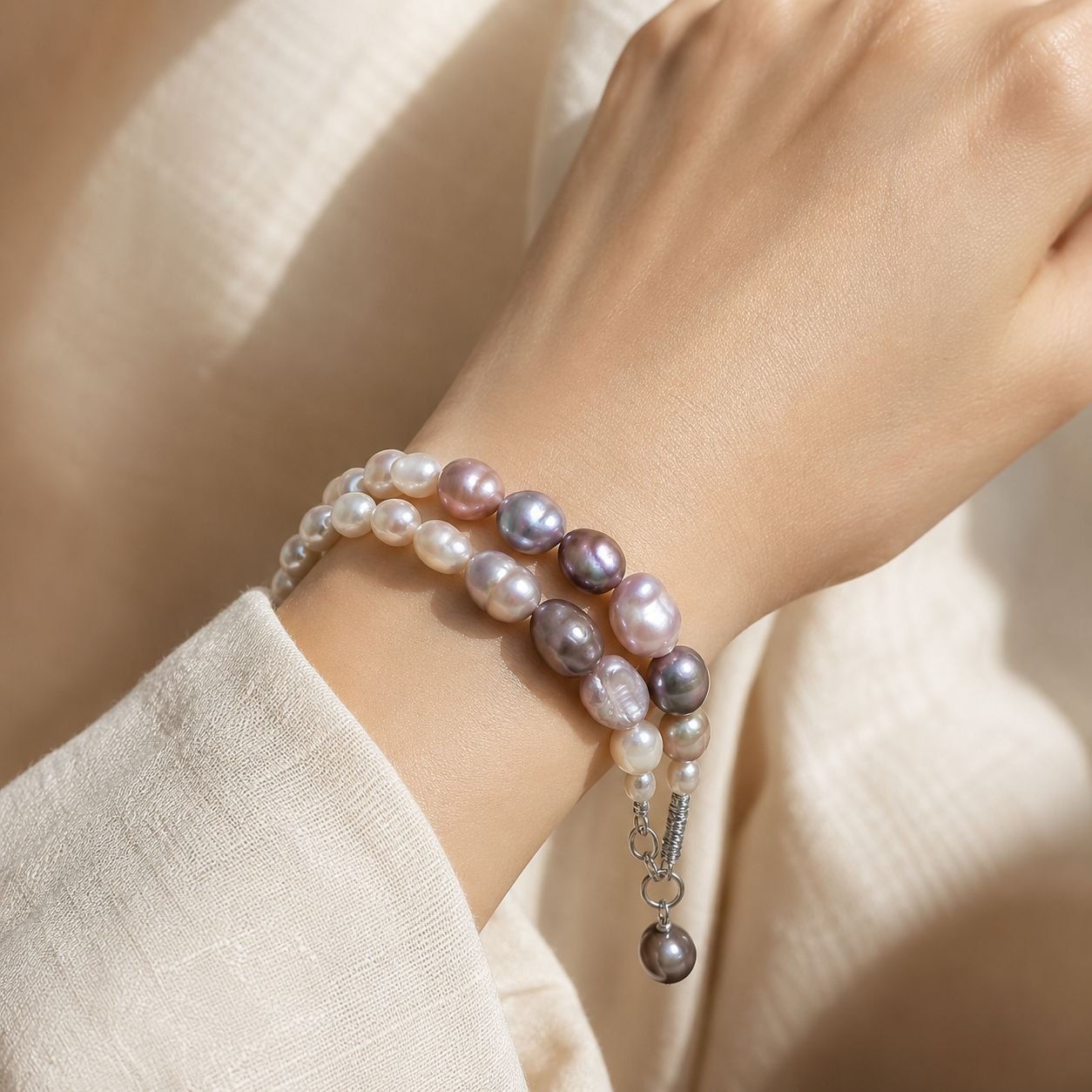 Uneven Grey, Golden & White Freshwater Pearl Two-Line Bracelet - Image 2