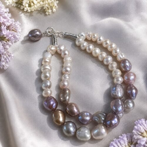 Uneven Grey, Golden & White Freshwater Pearl Two-Line Bracelet