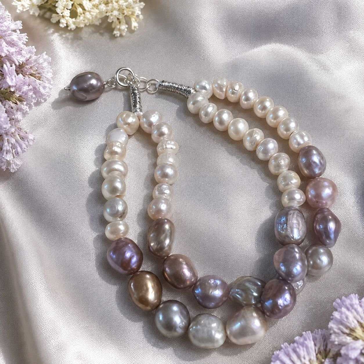 Uneven Grey, Golden & White Freshwater Pearl Two-Line Bracelet