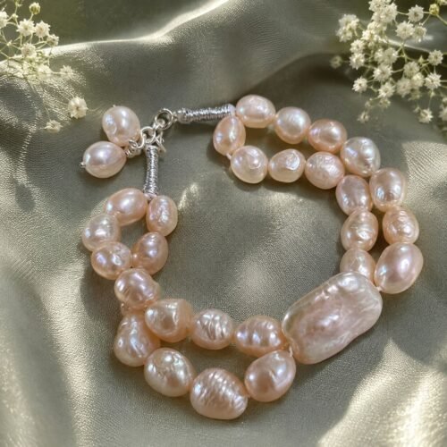 Cream Square Pearl & Uneven Freshwater Pearl Two-Line Bracelet
