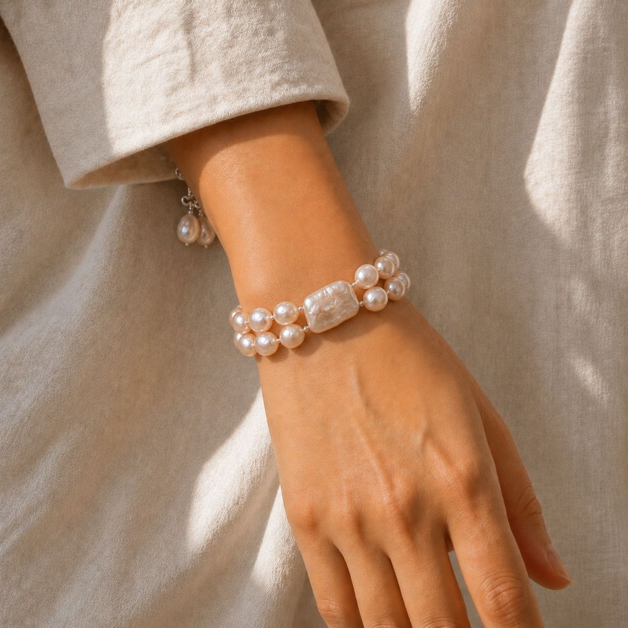 Cream Square Pearl & Uneven Freshwater Pearl Two-Line Bracelet - Image 2