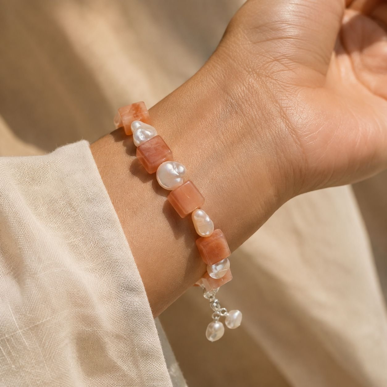 Calcite Square & Uneven Freshwater Pearl Single-Line Bracelet - Image 2
