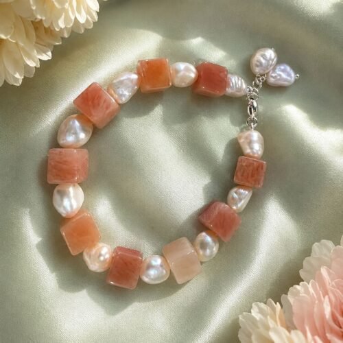 Calcite Square & Uneven Freshwater Pearl Single-Line Bracelet