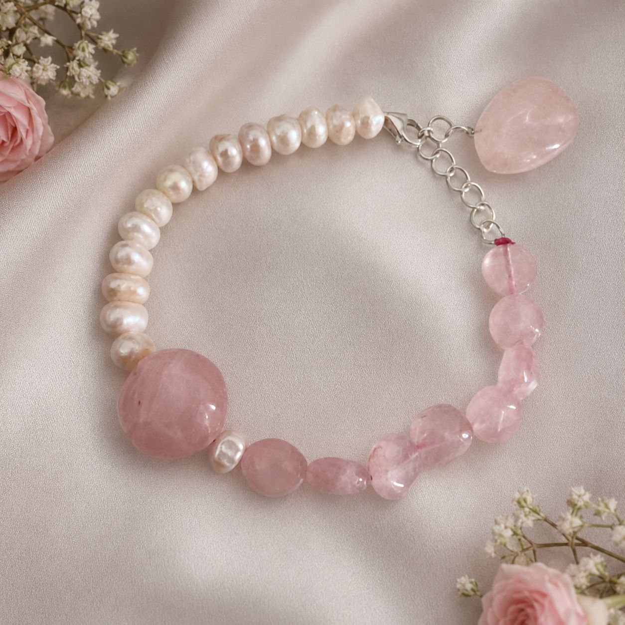 Rose Quartz & Freshwater Pearl Single-Line Bracelet