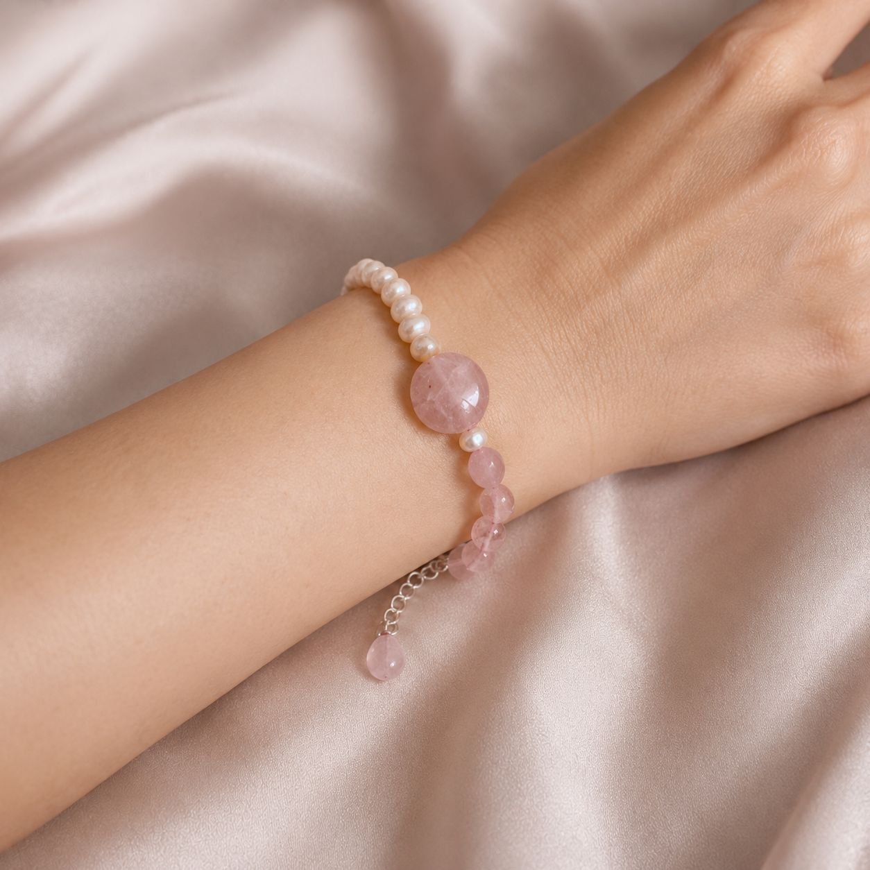 Rose Quartz & Freshwater Pearl Single-Line Bracelet - Image 2