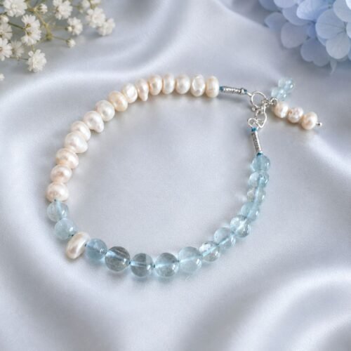 Aqua Quartz & Freshwater Pearl Single-Line Bracelet