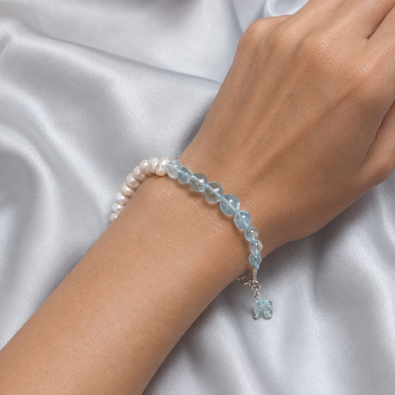 Aqua Quartz & Freshwater Pearl Single-Line Bracelet - Image 2