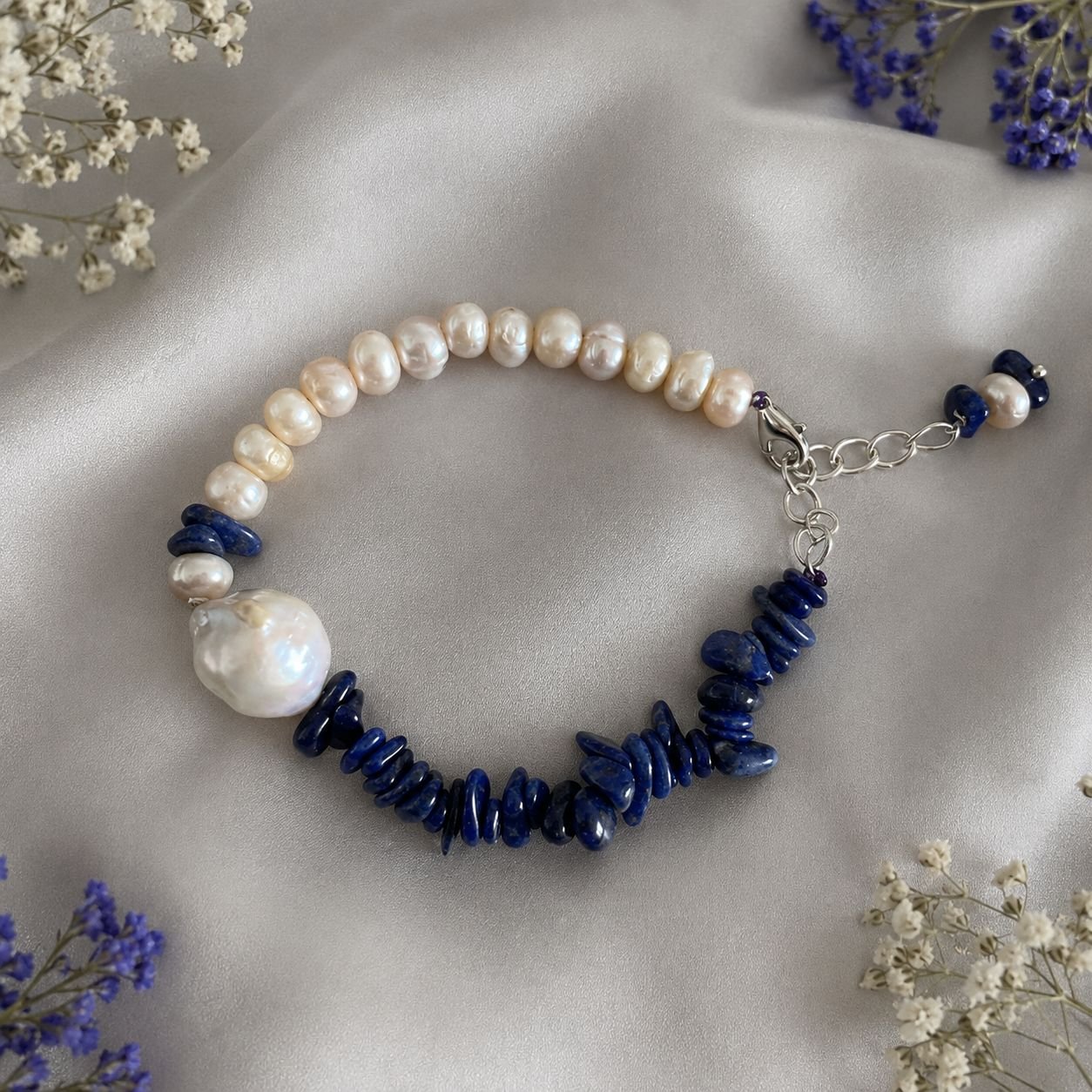 Lapis Lazuli Chips & Freshwater Pearl Bracelet - Image 2