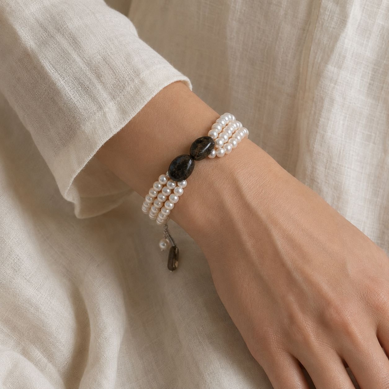 Three-Line Freshwater Pearl Bracelet with Citrine Tassel - Image 2