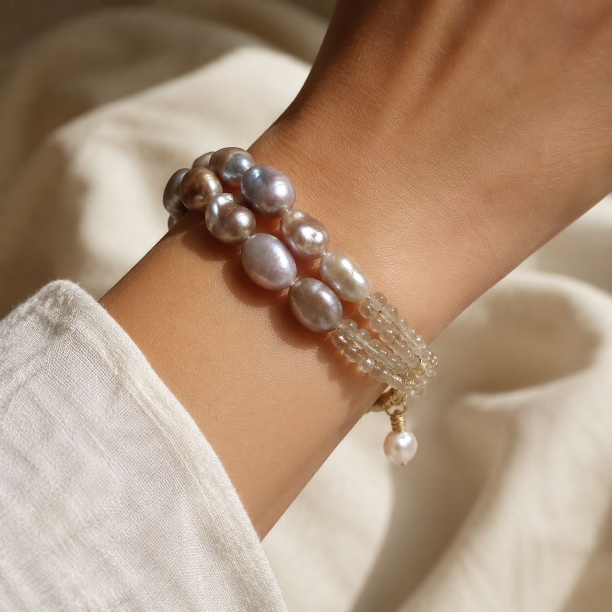 Green-Golden Freshwater Pearl & Citrine Two-Line Bracelet - Image 2