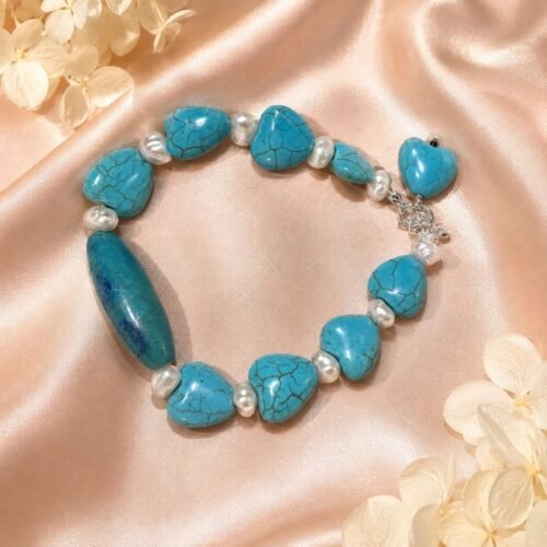 Turquoise Heart & Freshwater Pearl Single-Line Bracelet