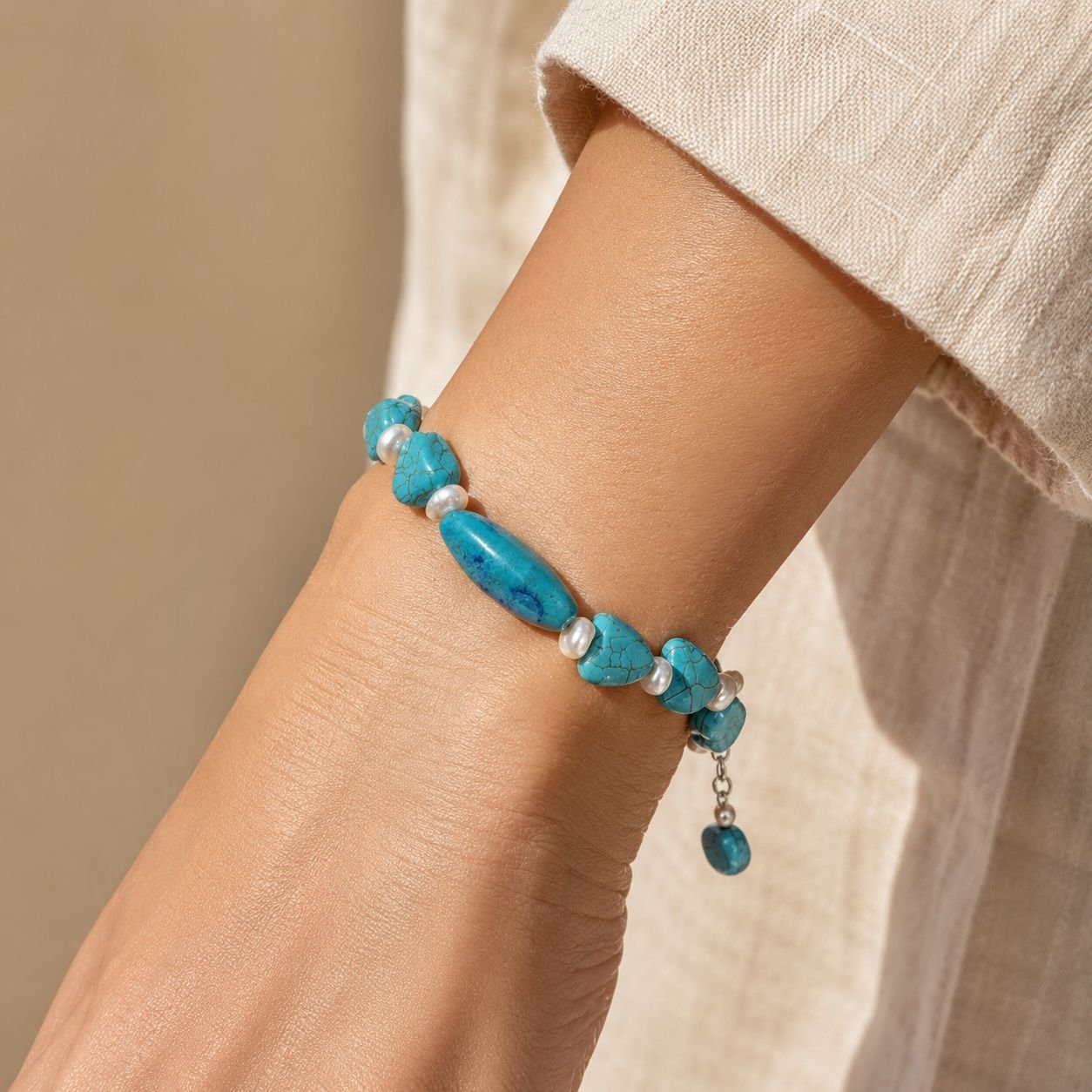 Turquoise Heart & Freshwater Pearl Single-Line Bracelet - Image 2
