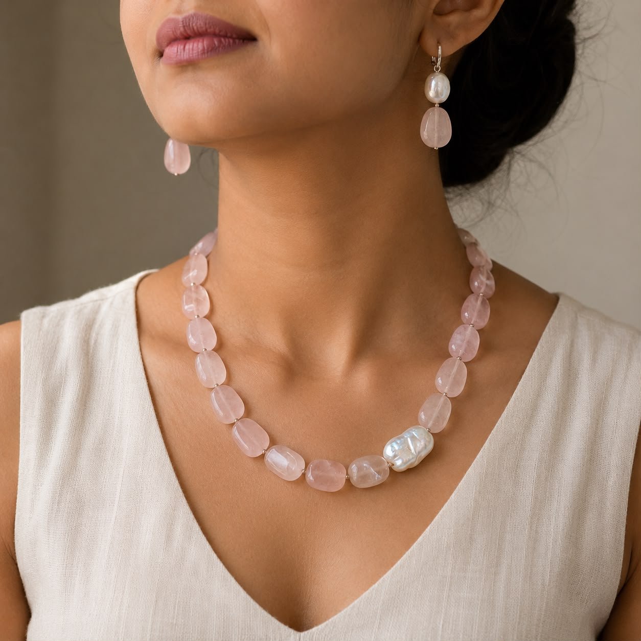 Rose Quartz Tumble & Baroque Pearl Necklace Set - Image 2