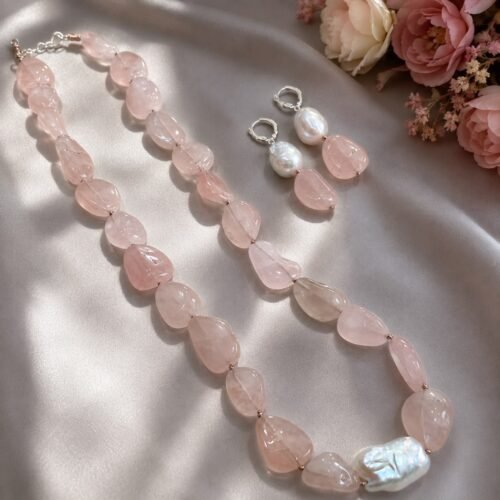 Rose Quartz Tumble & Baroque Pearl Necklace Set