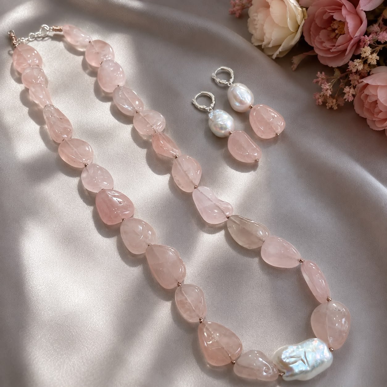 Rose Quartz Tumble & Baroque Pearl Necklace Set