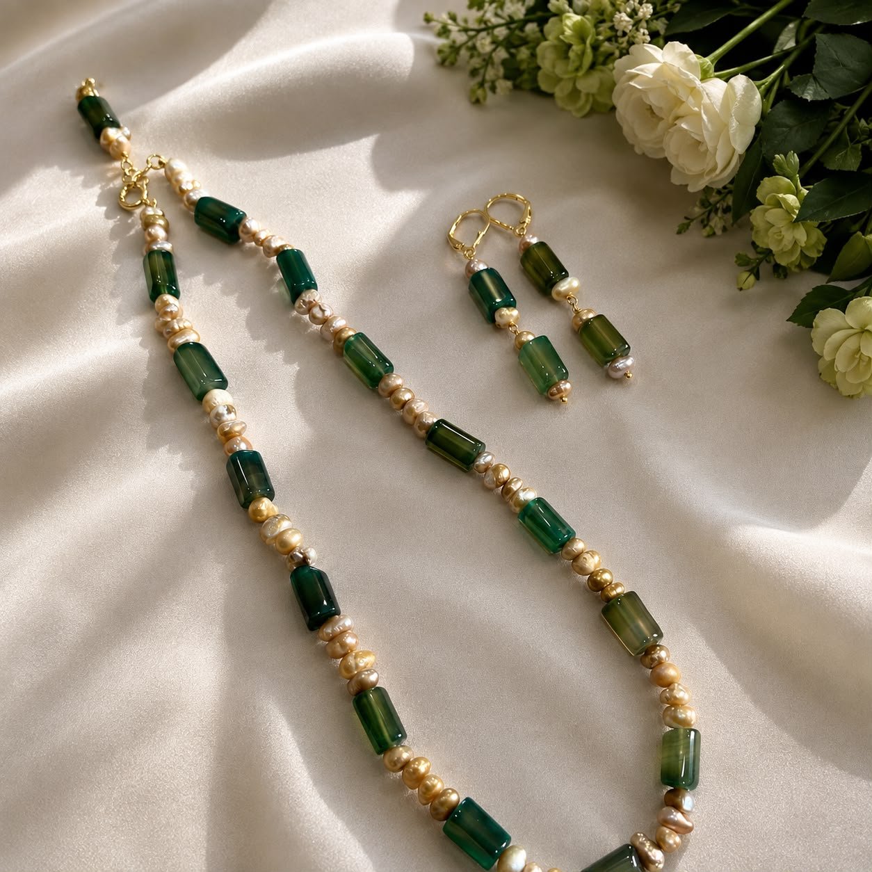 Green Jade & Freshwater Pearl Necklace Set