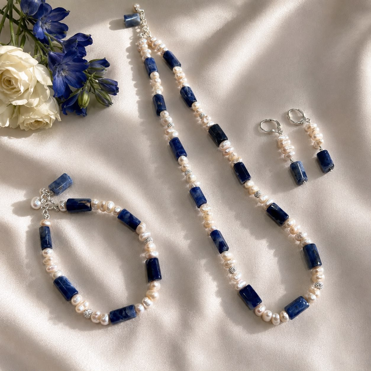 Blue Sodalite & Freshwater Pearl Jewellery Set