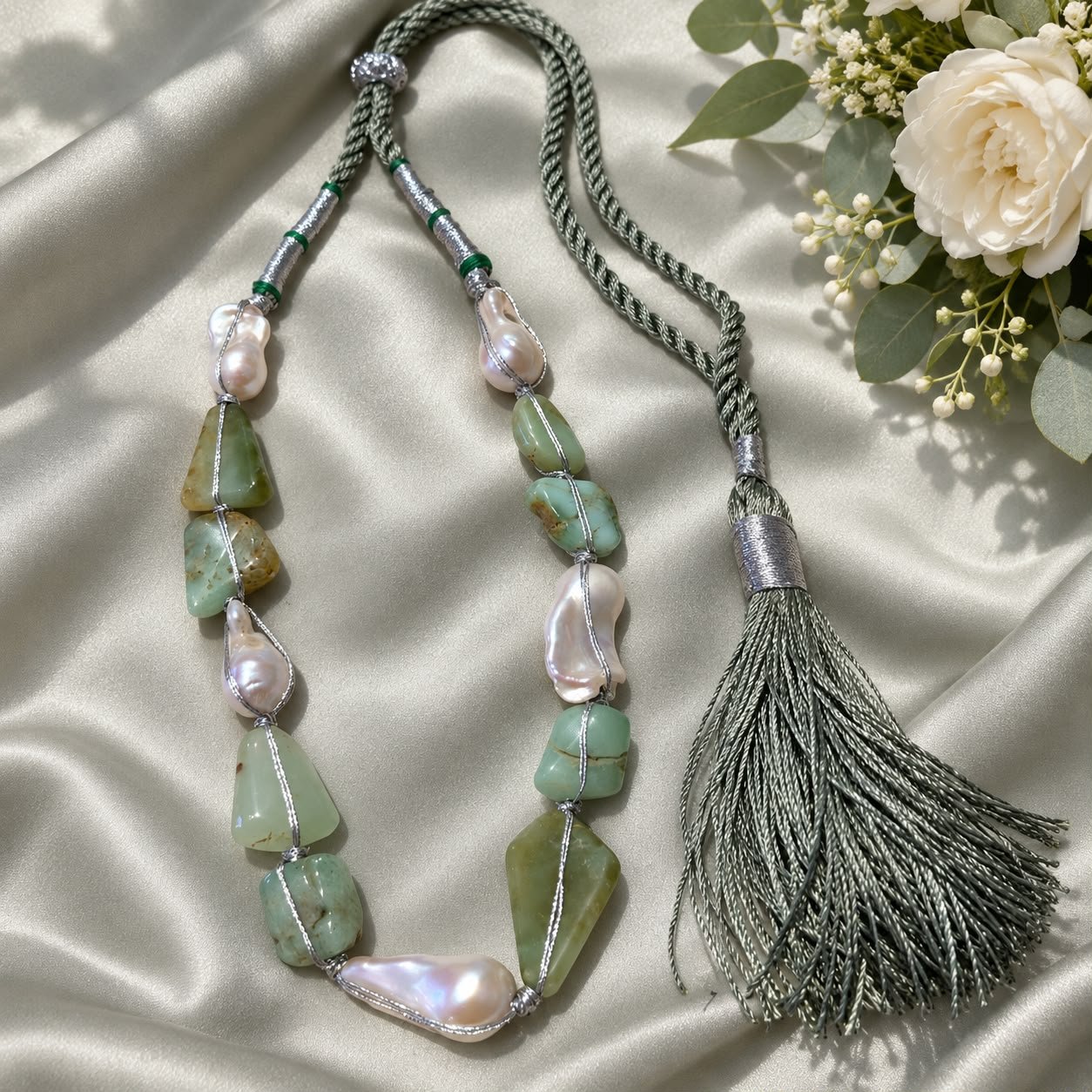 Green Jade & Baroque Pearl Statement Necklace