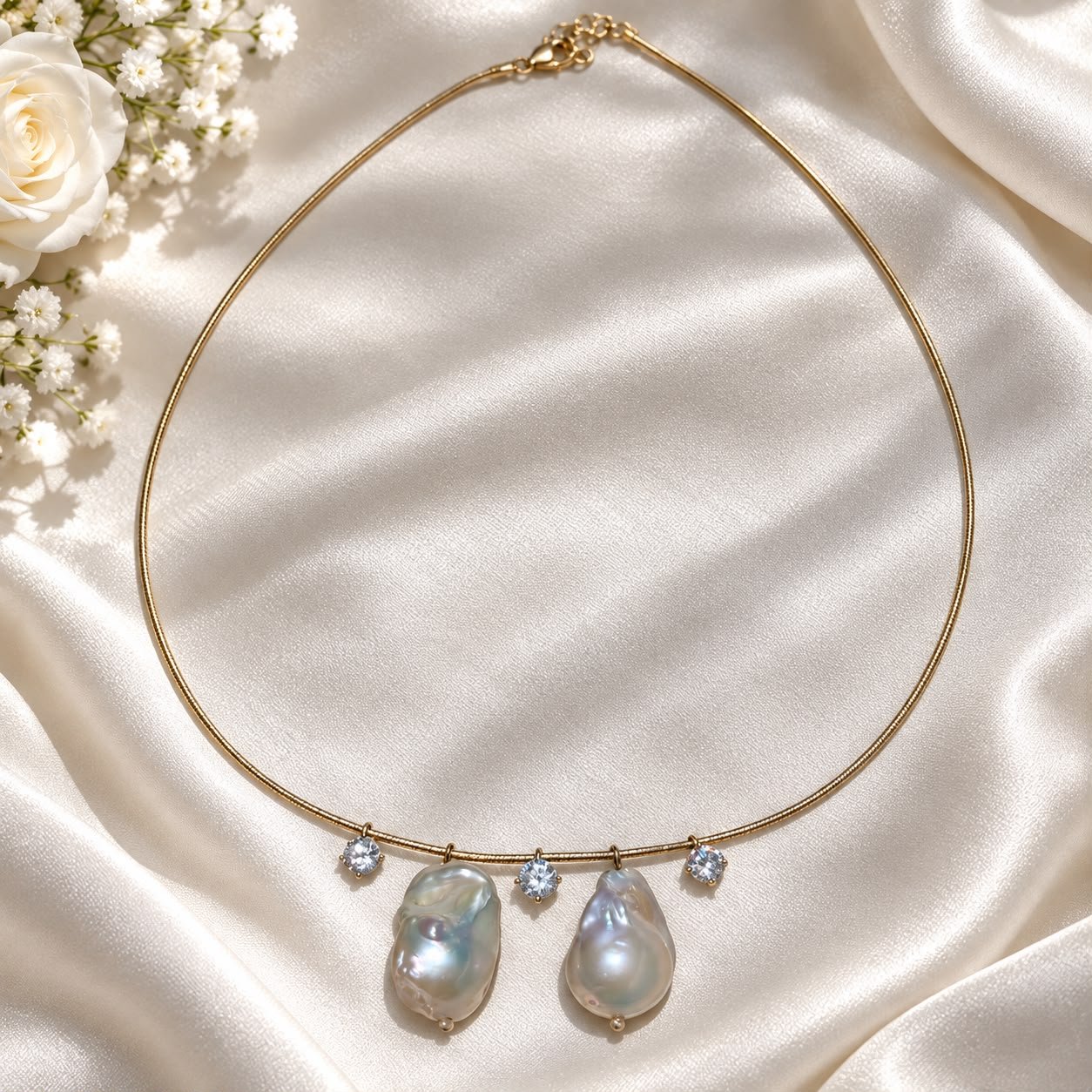 Silver Baroque Pearl Hoop Necklace