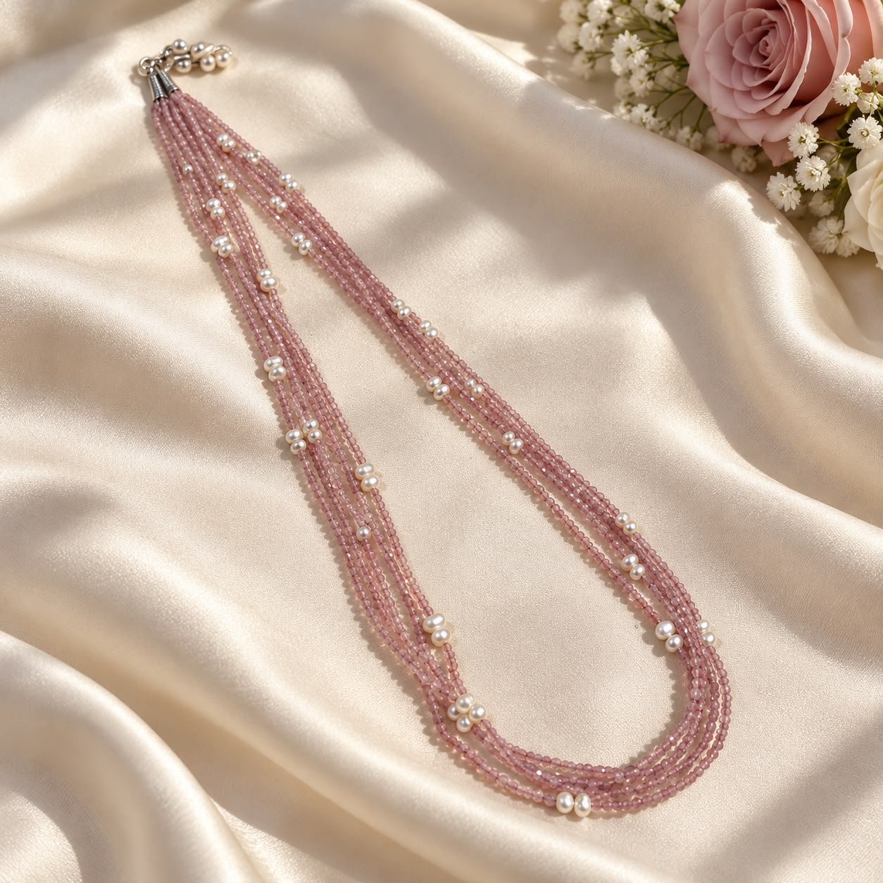 Rose Quartz & Freshwater Pearl Multi-Line Necklace
