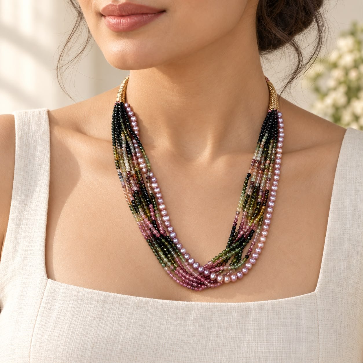Multi-Tourmaline & Pink Freshwater Pearl 8-Line Necklace - Image 2