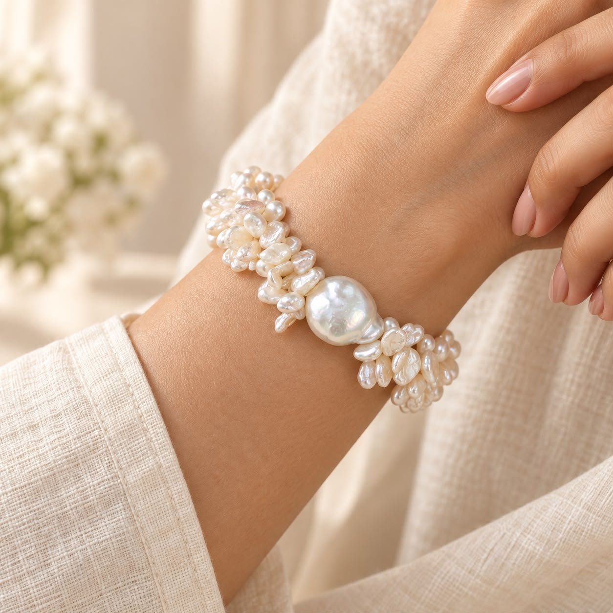 Freshwater Pearl Chip & Baroque Pearl Two-Line Bracelet - Image 2