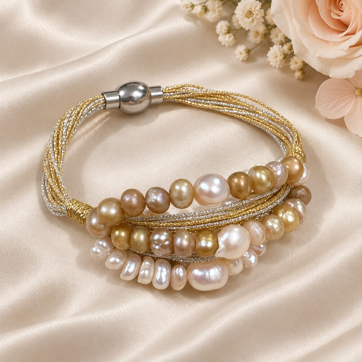 Purple & White Freshwater Pearl Two-Line Bracelet