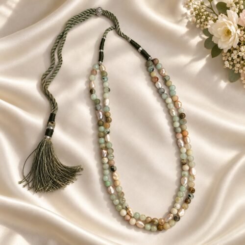 Green Quartz Two-Line Necklace with Freshwater Pearls