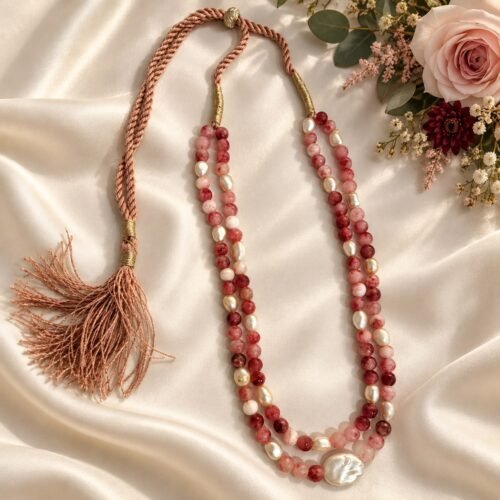 Red Quartz Two-Line Necklace with Freshwater Pearls