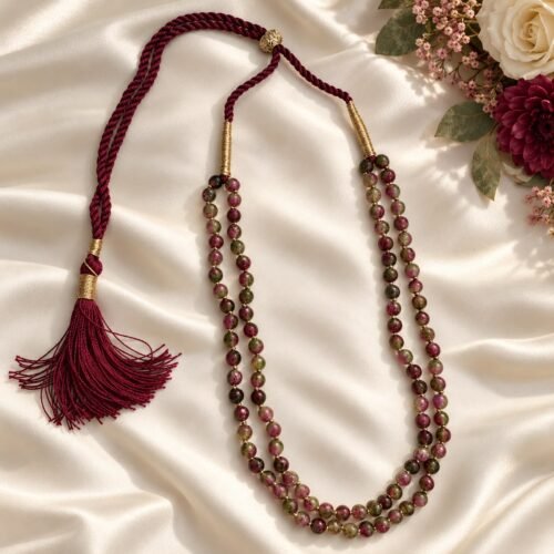 Two-Line Quartz Necklace – 8 mm Beads with Maroon Dori