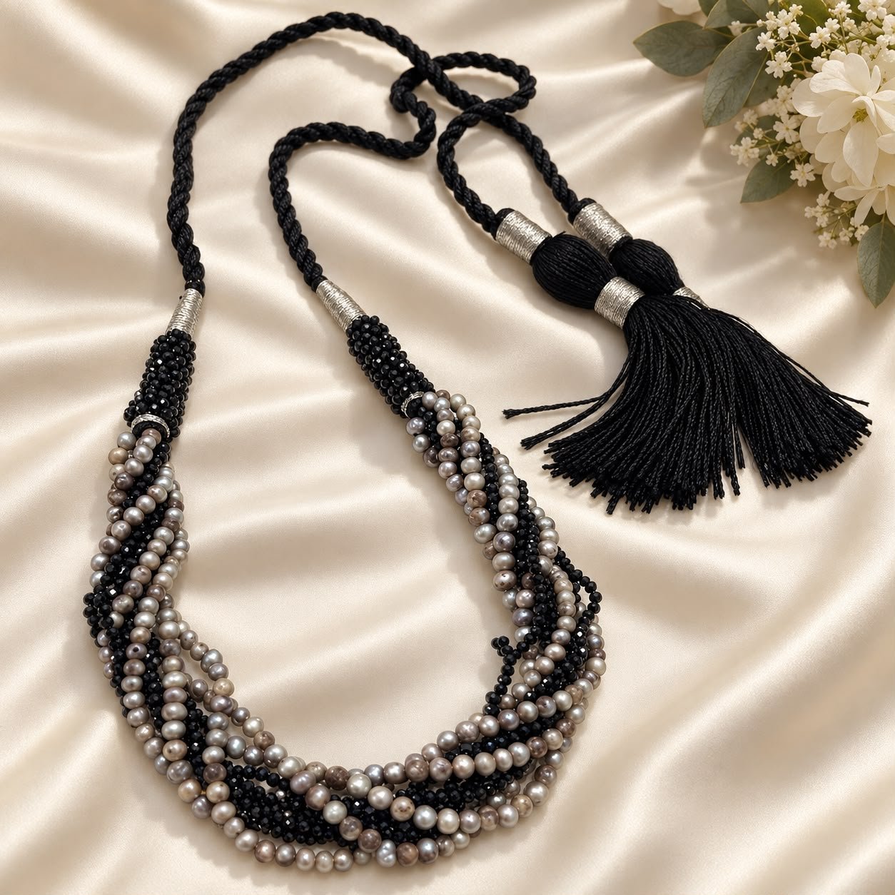 Black Spinel & Oxidised Grey Freshwater Pearl Multi-Line Necklace