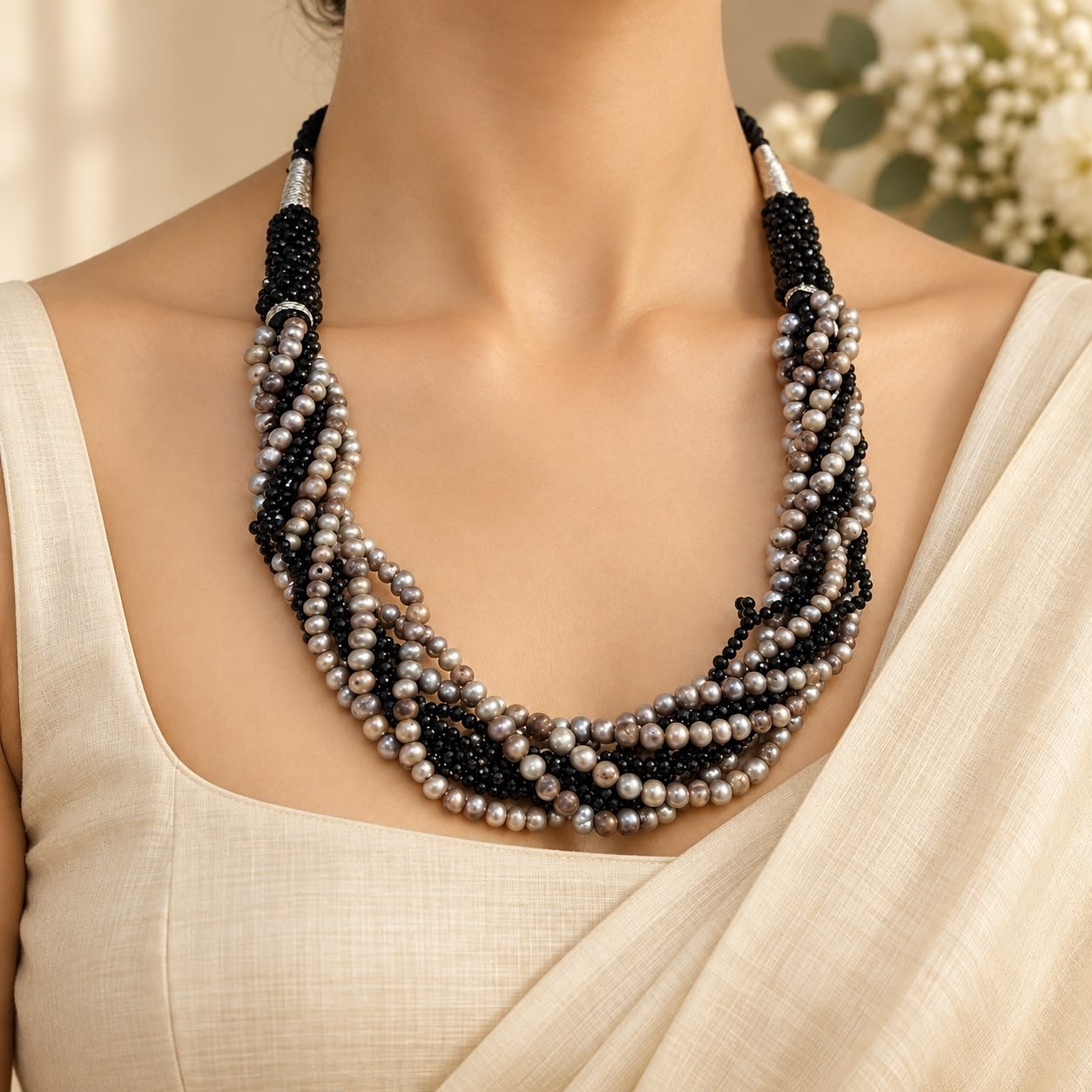 Black Spinel & Oxidised Grey Freshwater Pearl Multi-Line Necklace - Image 2